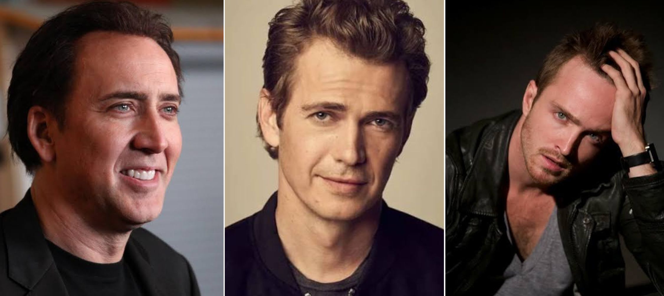 A collage of three images of: Nicolas Cage, Hayden Christensen, and Aaron Paul.