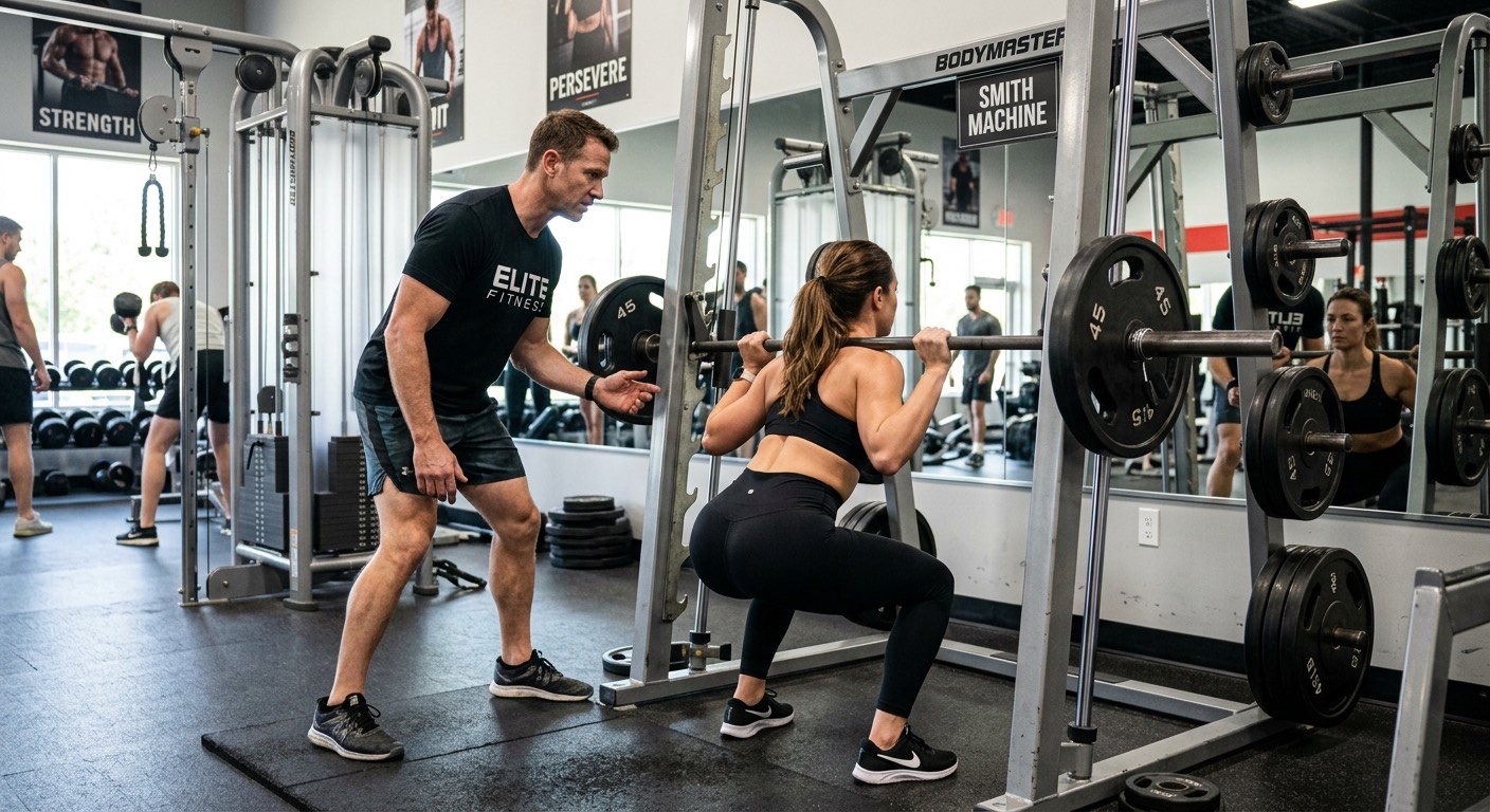 An image of a personal trainer training a woman on the smith machine at the gym.