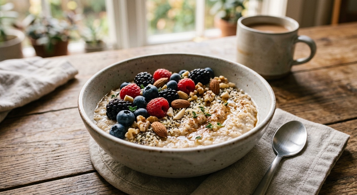 An image of a bowl of oatmeal with berries and nuts.