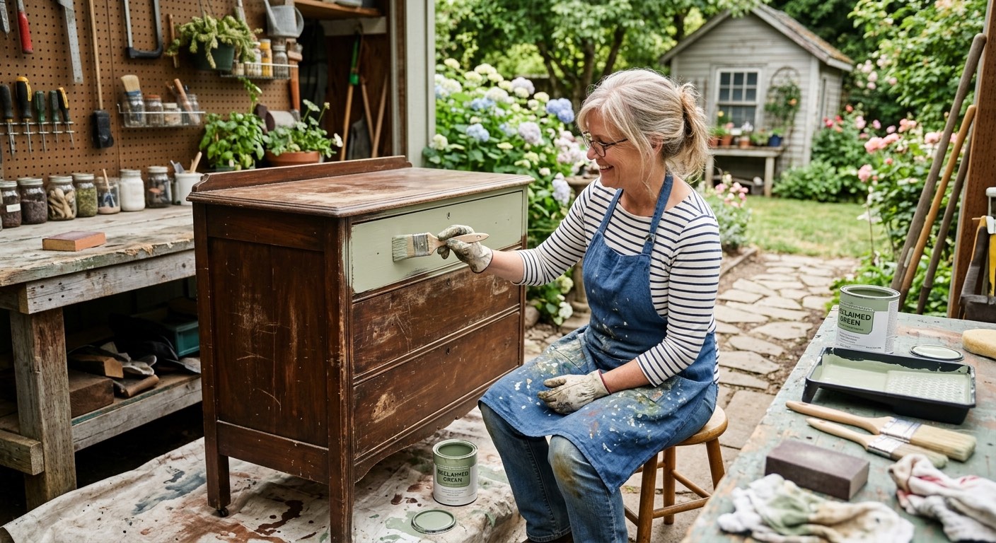AN image of a woman doing a DIY dresser restoration project.