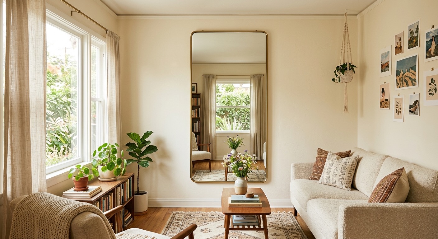 An image of a living room with a large hanging mirror.