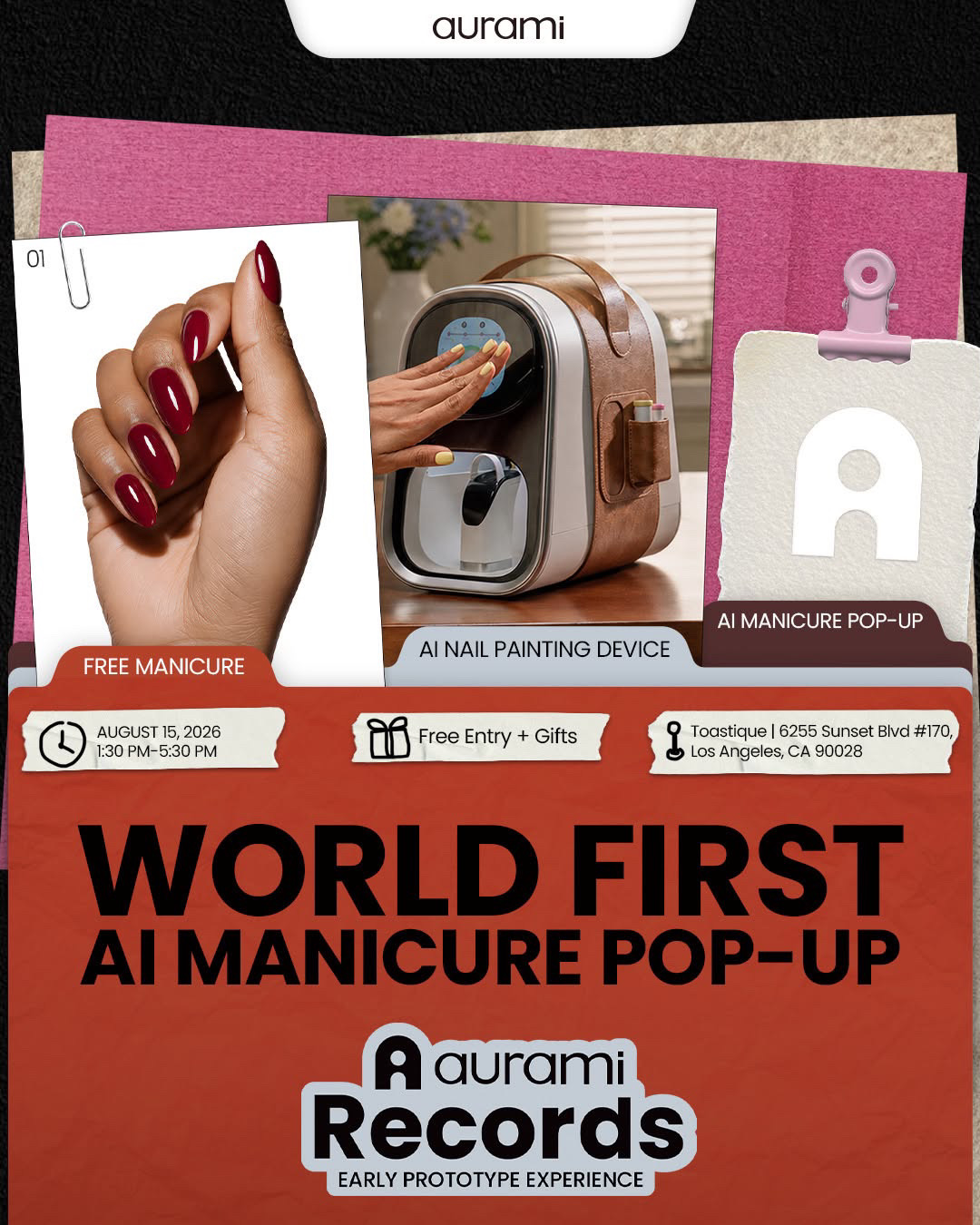 An image of the flyer for Aurami, the Aurami FREE AI nail prototype pop-up in LA