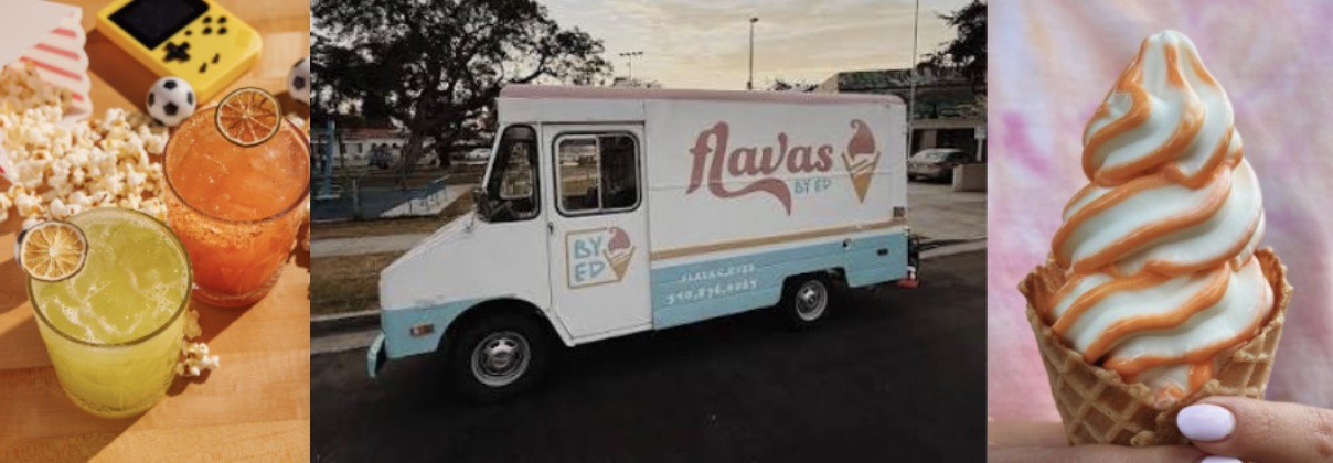 A collage of three images of North Italia team is collaborating with family-run Flavas by Ed ice cream truck for a last 'Sip & Swirl' of summer at the Westfield Topanga mall.