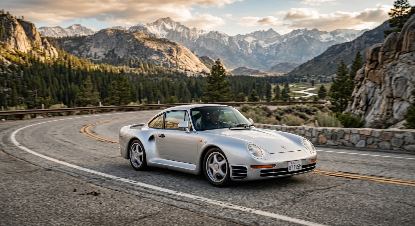 An image of a silver Porsche 959.