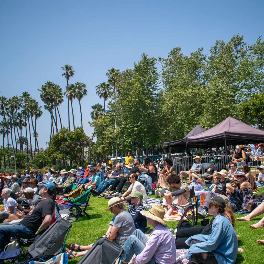 An image of people sitting on a lawn listening to an outdoor concert.