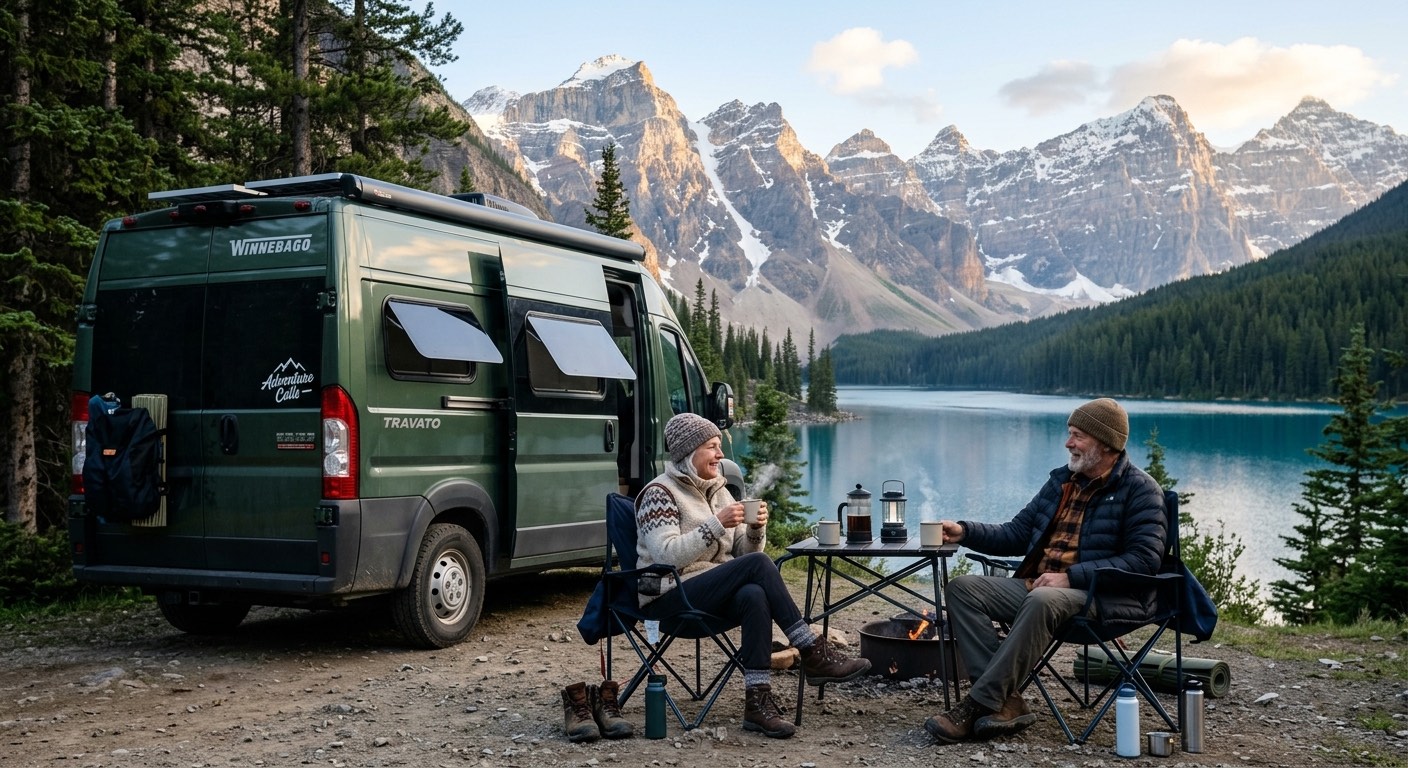 An image of two people sitting outside their RV.