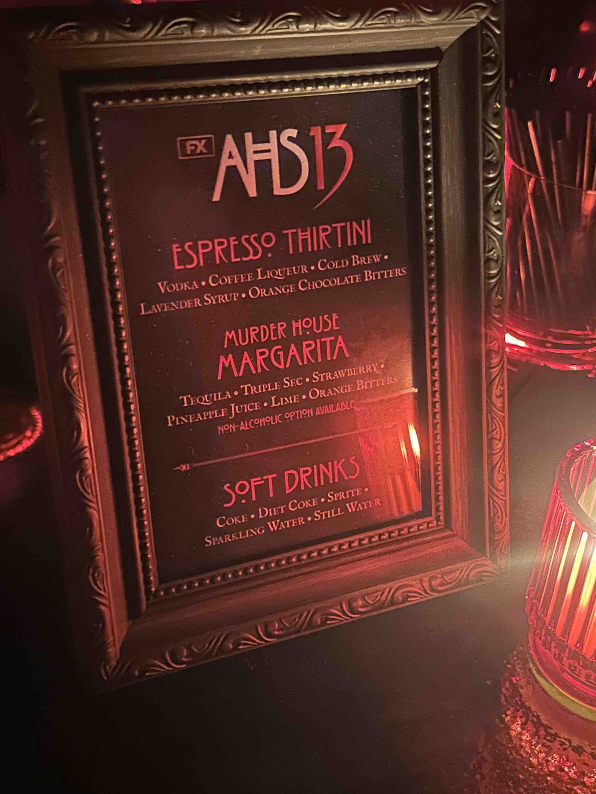An iamge of the signature cocktail list for the American Horror Story Season 13 interactive maze.