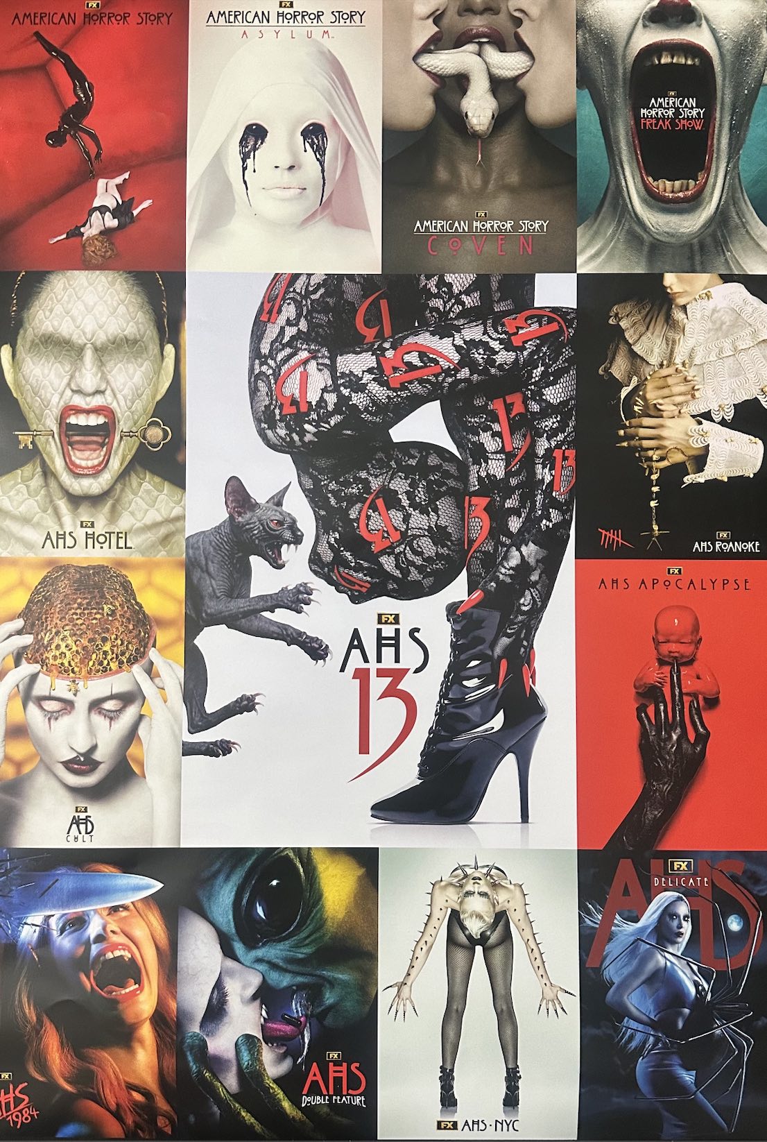An image of a poster highlighting all seasons of American Horror Story.