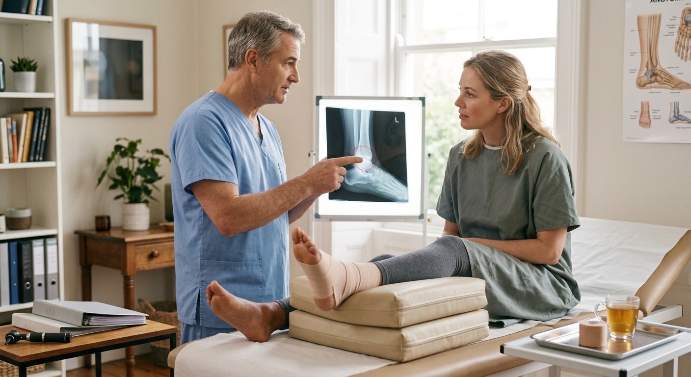 An image of an orthopedic surgeon with an ankle sprain victim.