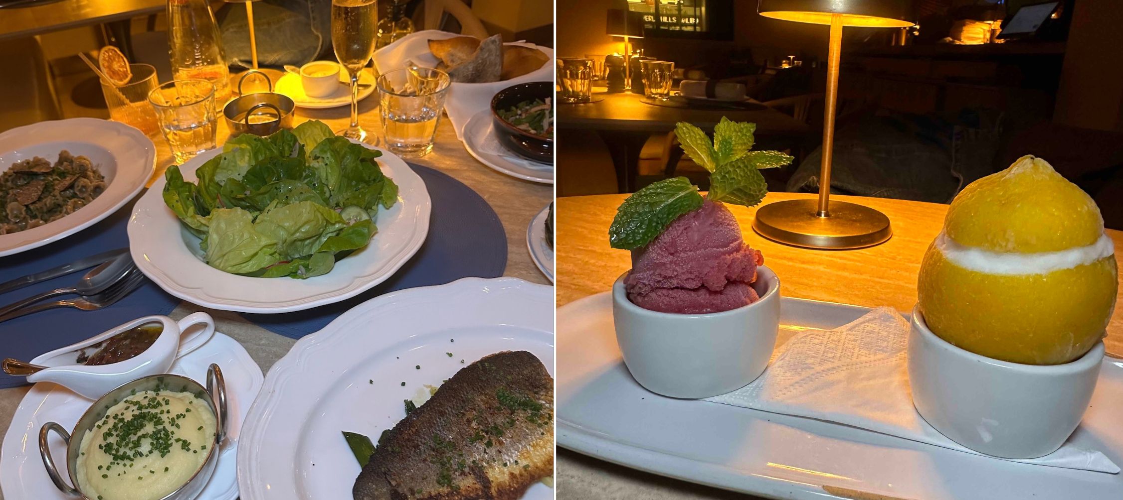 A collage of two images of the spread at Azur