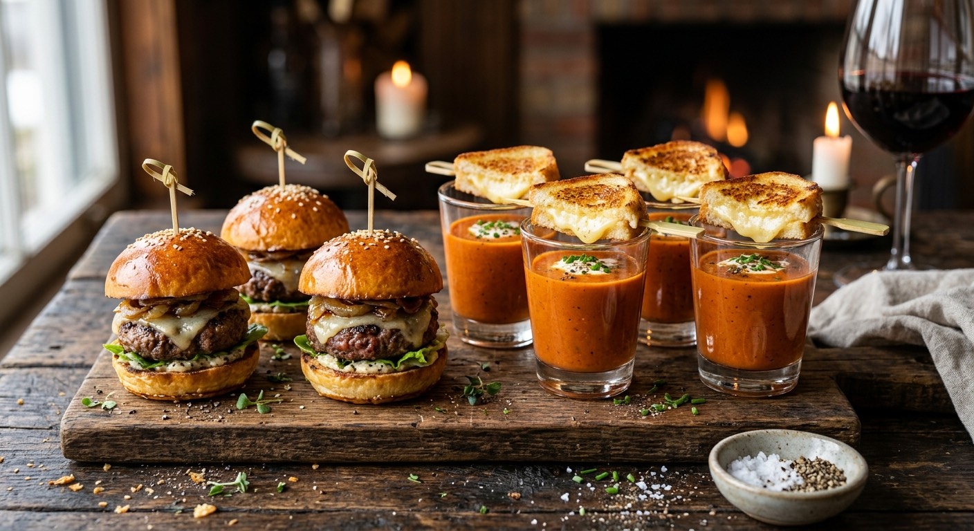 An image of Wagyu beef sliders on toasted brioche buns, and thick glass shooters with creamy tomato bisque and grilled Gruyere cheese.