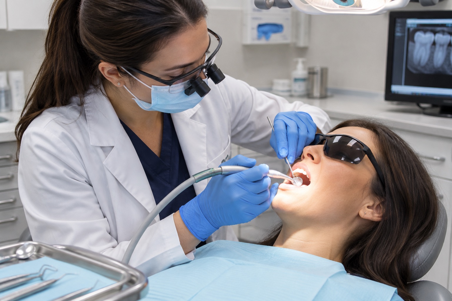 An image of a dentist filling a patient's cavity