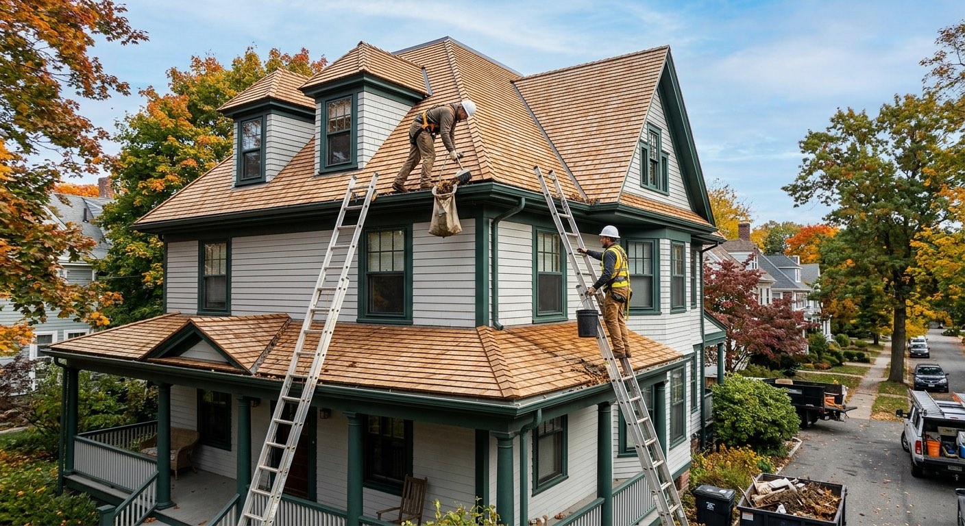 An image of a house having their gutters maintained.