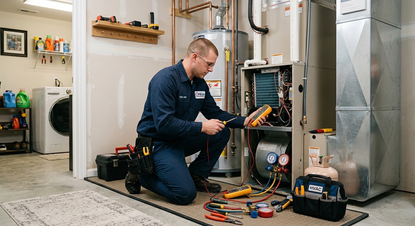 An image of an HVAC repair man in a home