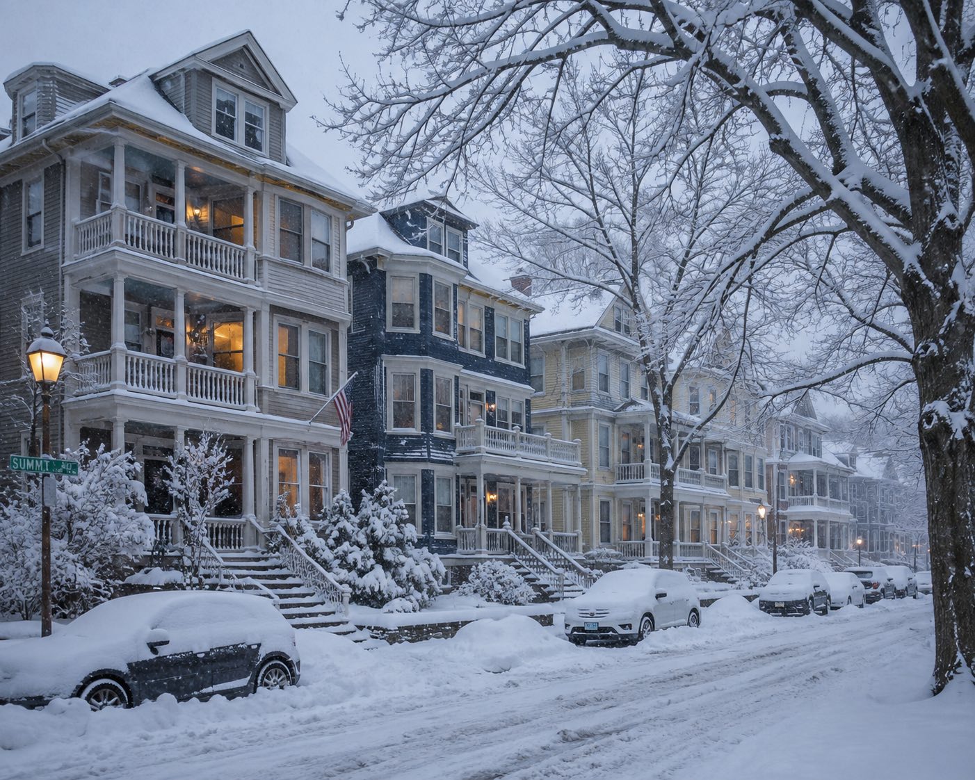 An image of a neighborhood covered in snow.