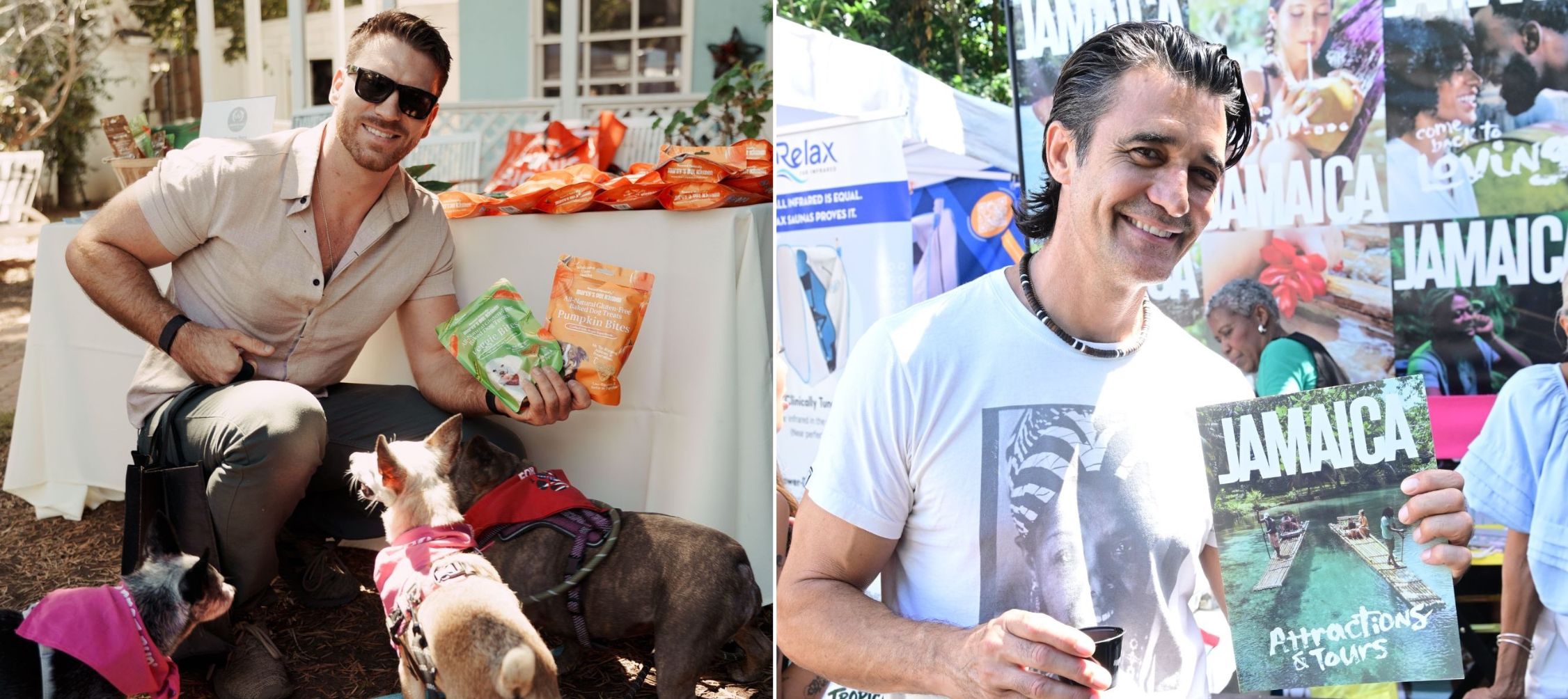 A collage of two images of Jesse Kove of Cobra Kai poses with furry friends, and Gilles Marini of Dancing With the Stars/Sex and the City attend the ECOLUXE Endless Summer lounge on September 11, 2026 in Beverly Hills, California.