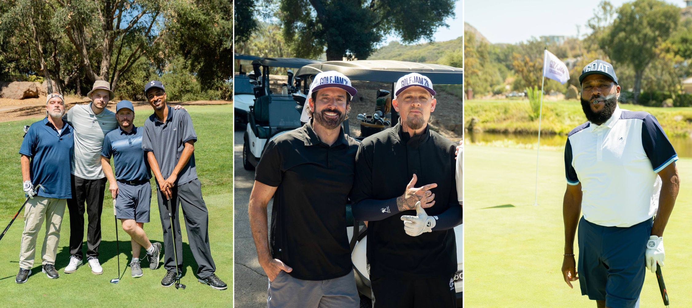 (L-R) Kevin Connolly andTravis Bennett (aka Taco), Christopher Gialanella and Joel Madden, and Anthony Anderson attend the Chad Smith Foundation 2026 Golf JAM at Sherwood Country Club in Thousand Oaks, California.