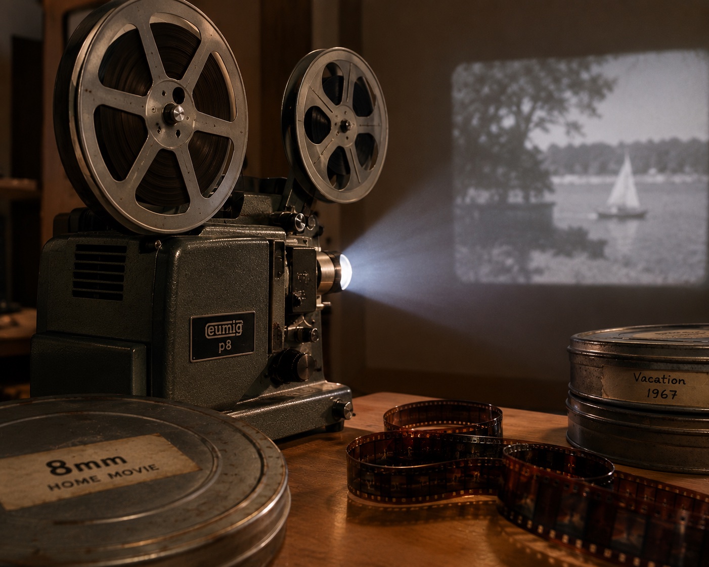 An image of an 8mm film and a movie being projected.