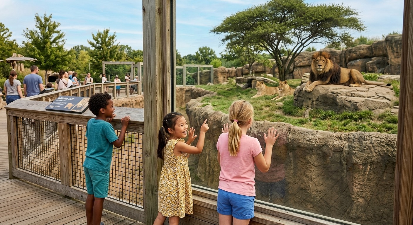 An image of kids at the lion exhibit at the Zoo.