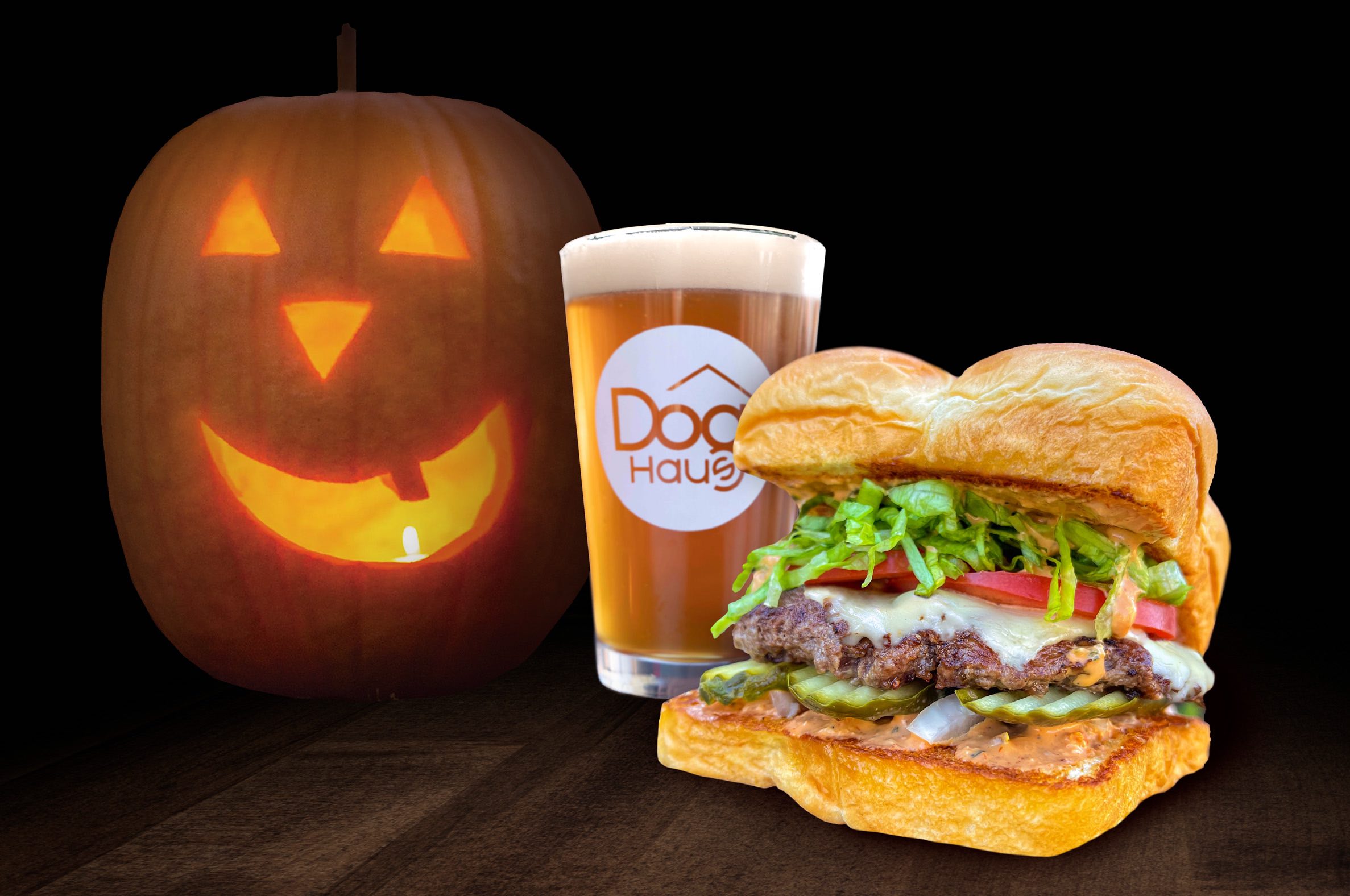 An image of a burger and pint from Dog Haus