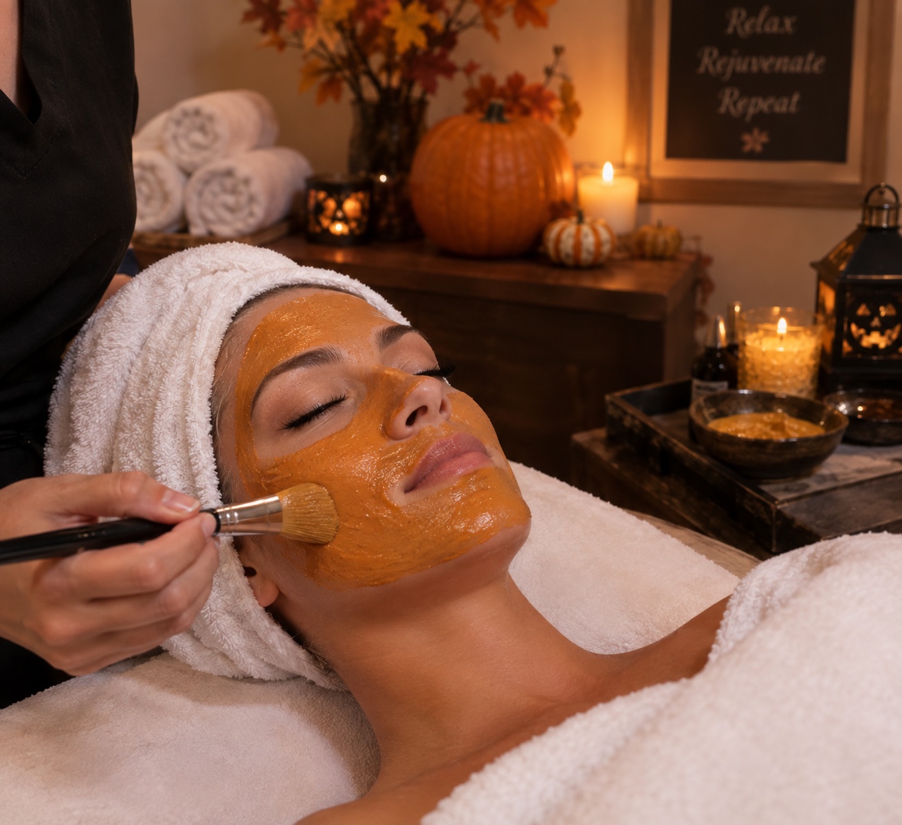 An image of a woman getting a Pumpkin Latte Facial.