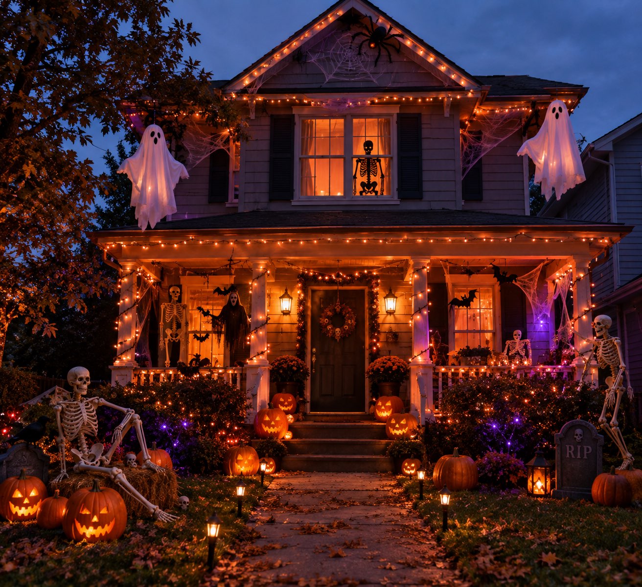An image of a house decorated for Halloween.