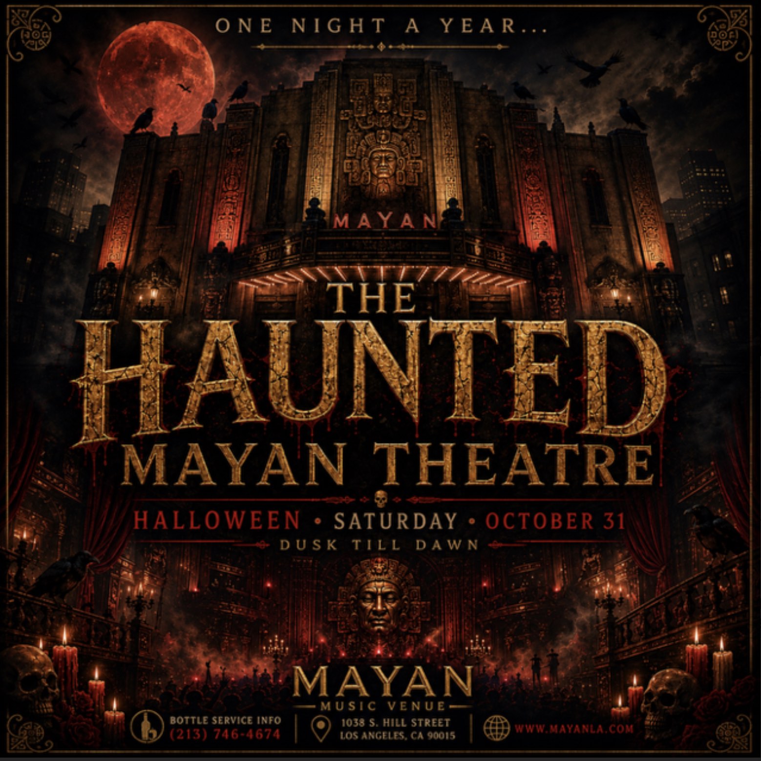 An image of the flyer for The Haunted Mayan Theatre Halloween Party