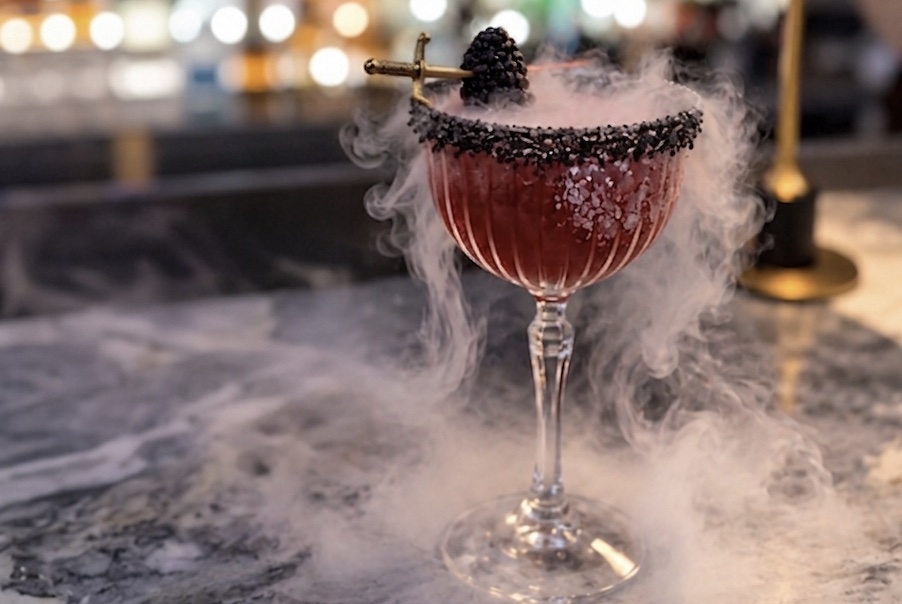 An image of the “Midnight in London,” cocktail at The London