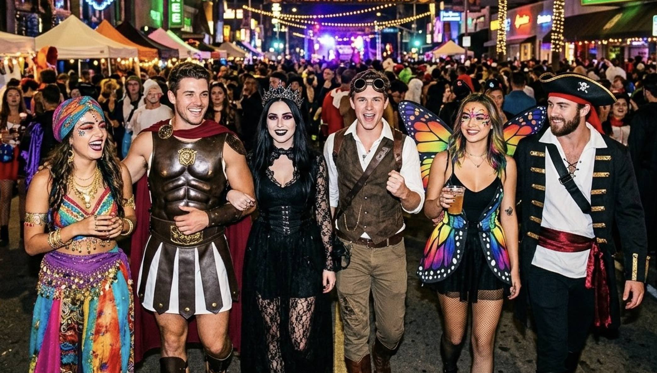 An image of people in costume on Halloween at the WeHo carnavale.