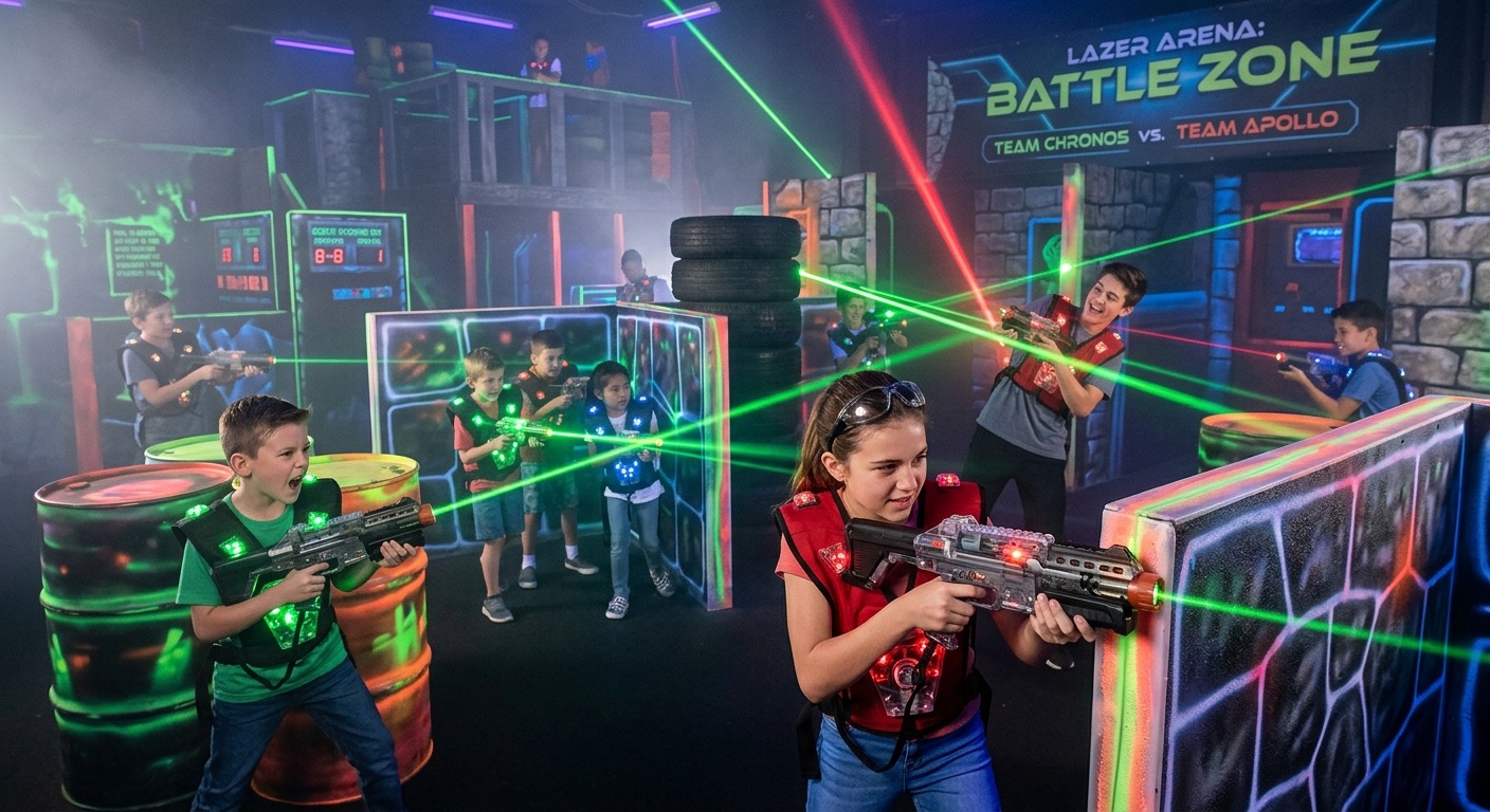 An image of School-aged kids and teenagers playing laser tag.