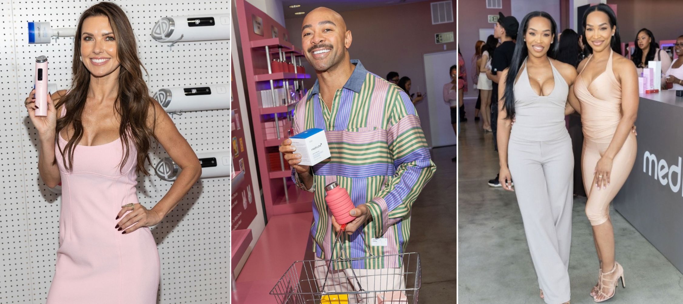 A collage of three images of: (L-R) Audrina Patridge, medicube Global Creative Director Sir John, and Malika Haqq and Khadijah Haqq McCray attend the Medicube Booster Pro X2 Wellness Club Pop-Up in Los Angeles.whats an