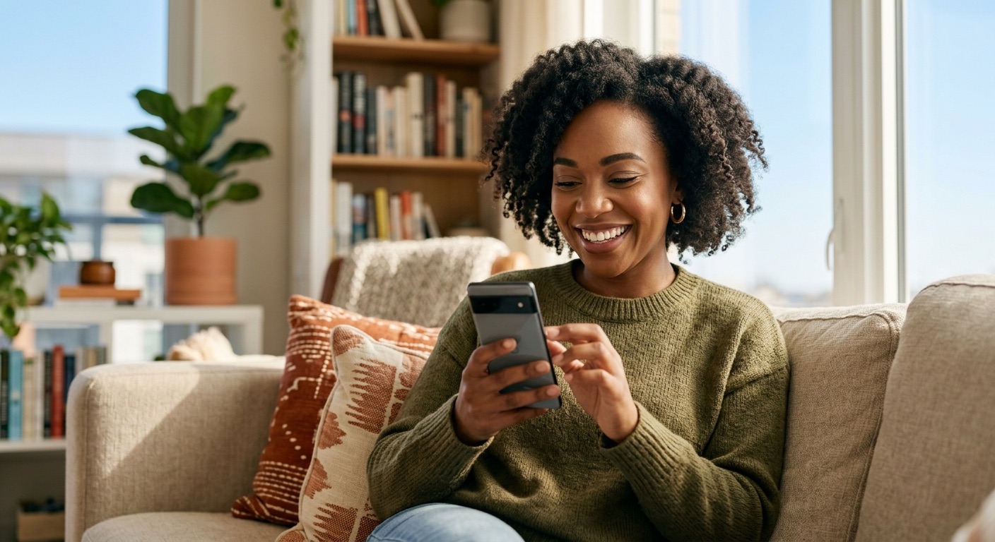 An image of an attractive black woman scrolling on her phone.