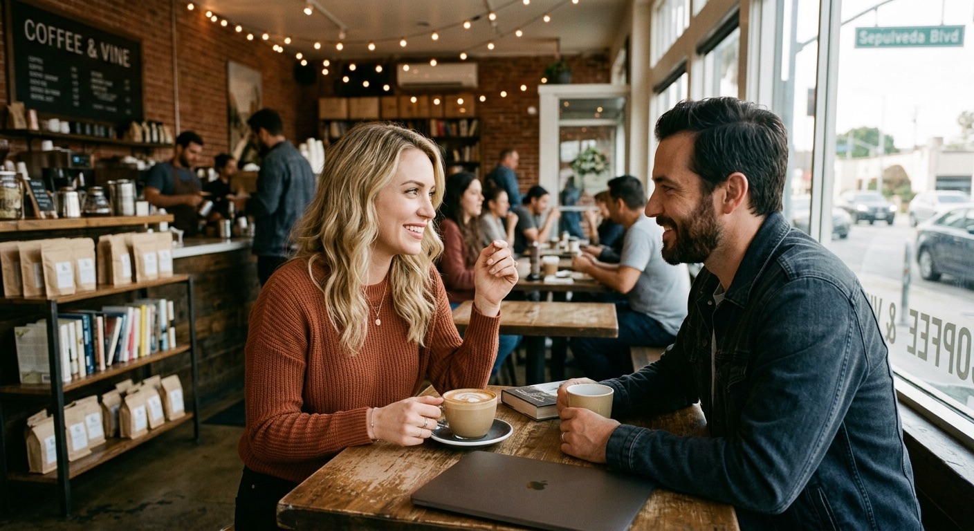 An image of an attractive couple at a coffee shop.