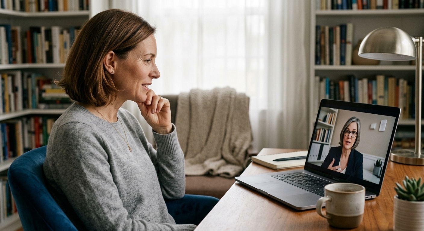 AN image of a woman having an online mental health session.