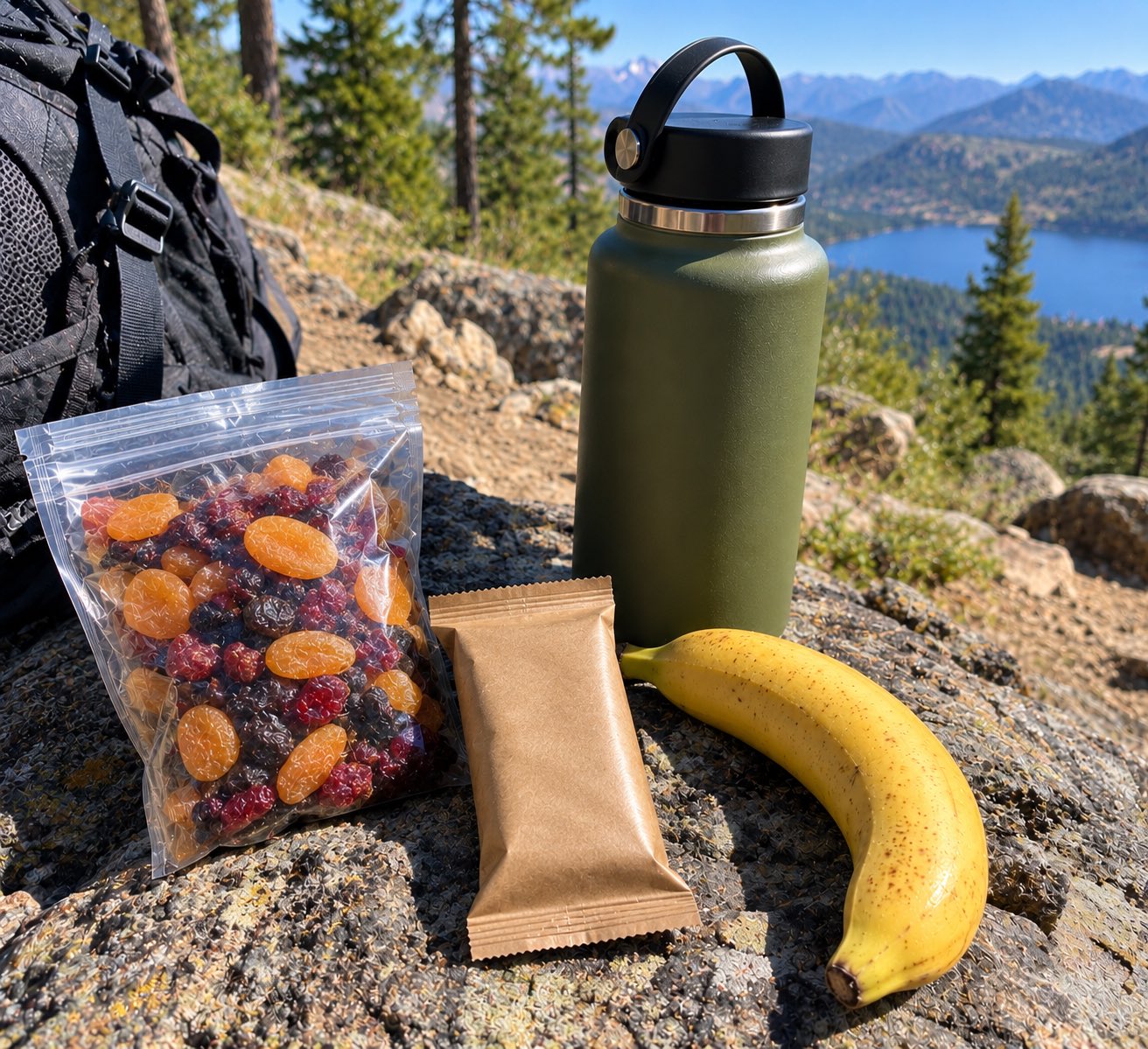 An image of a photo with dried fruits, bananas, and energy bars