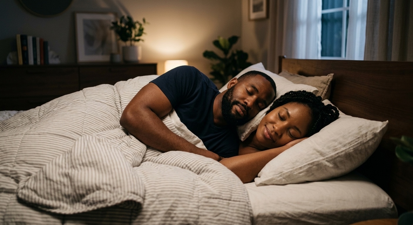 An image of a couple sleeping in bed.