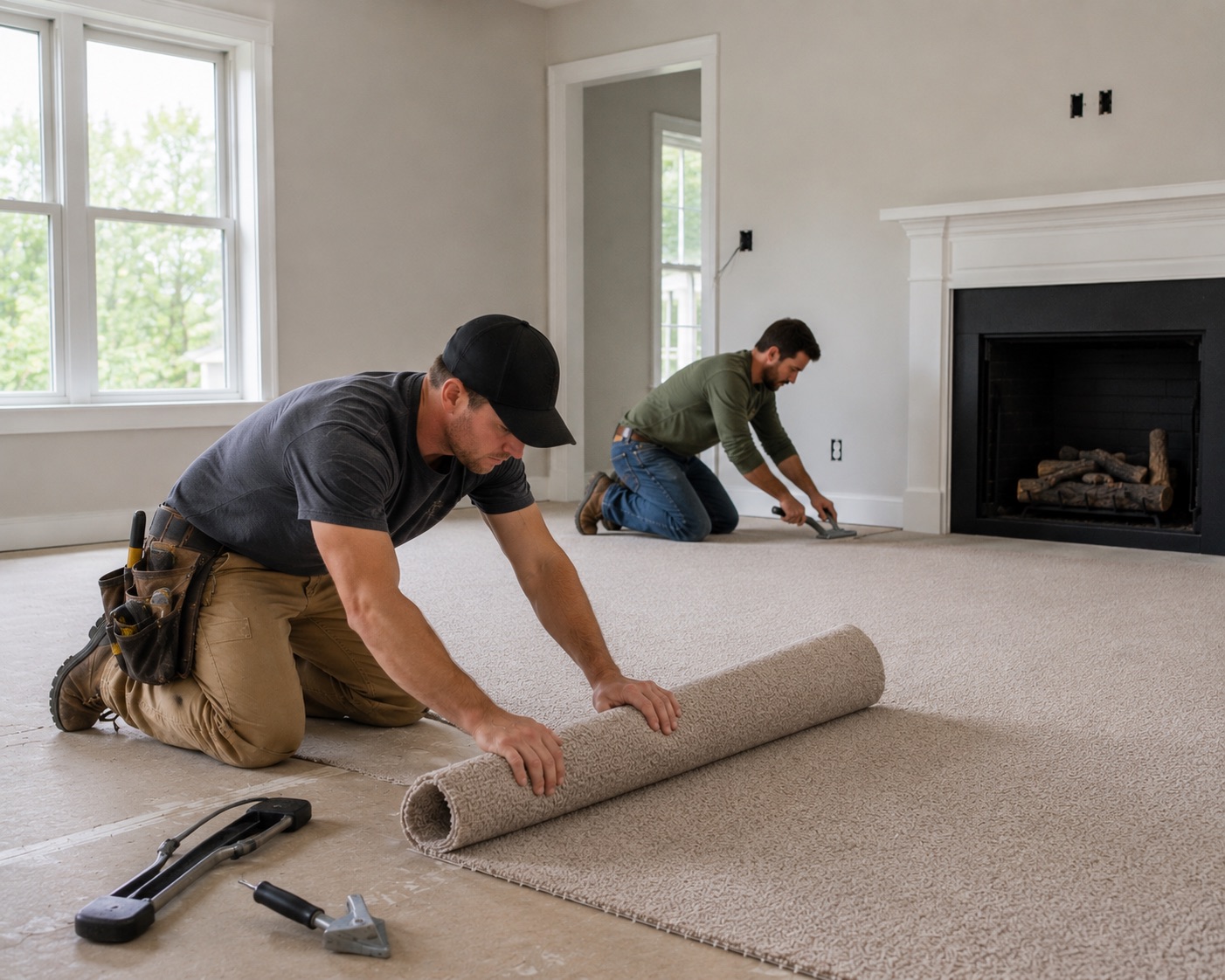 An image of two men installing carpet