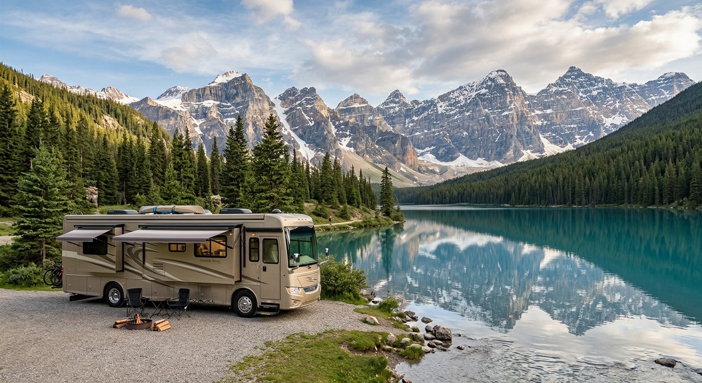 An image of an RV by a lake