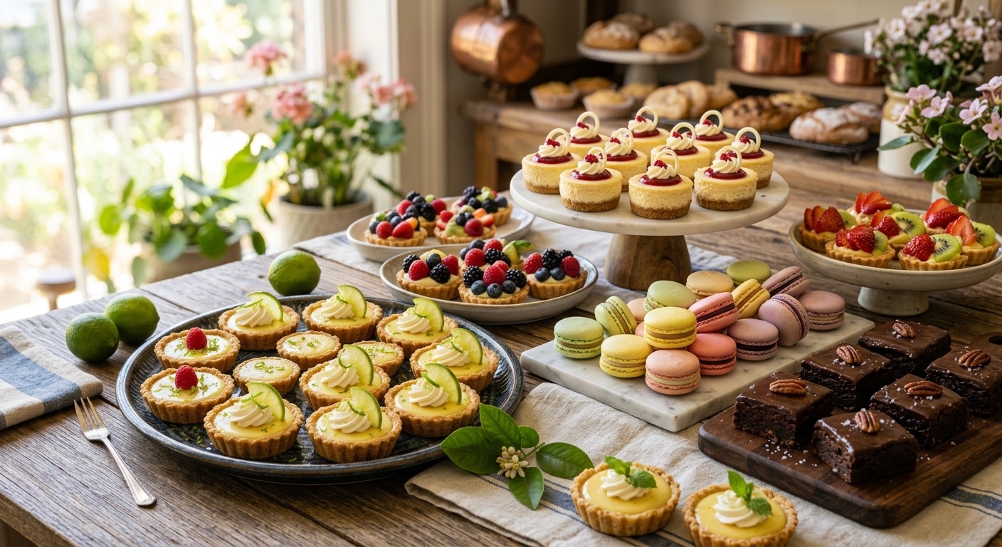 An image of a dessert table filled with mini cheesecakes, delicate macarons, rich brownies, and fresh fruit tarts.