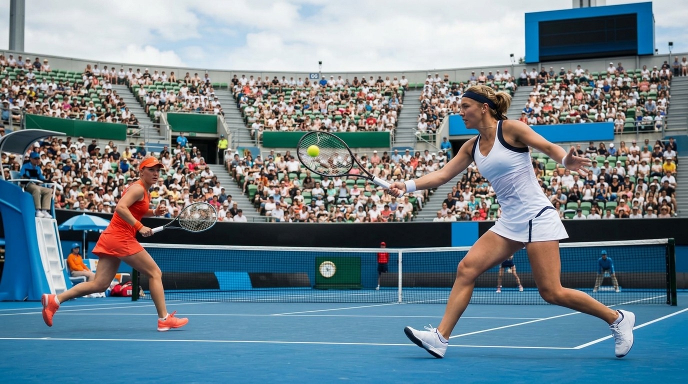 An image of two women playing tennis