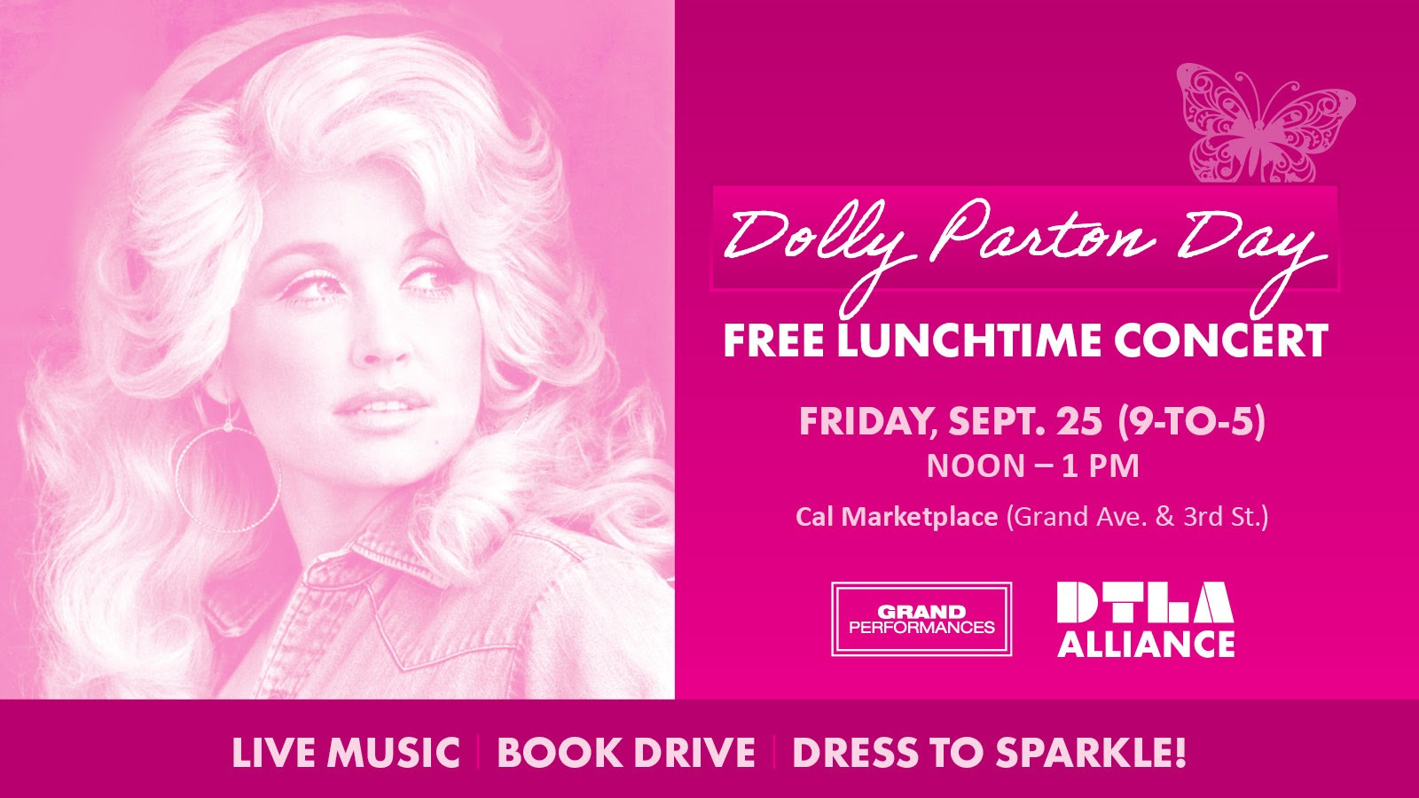 An image of the flyer for the Dolly Parton day concert in DTLA.