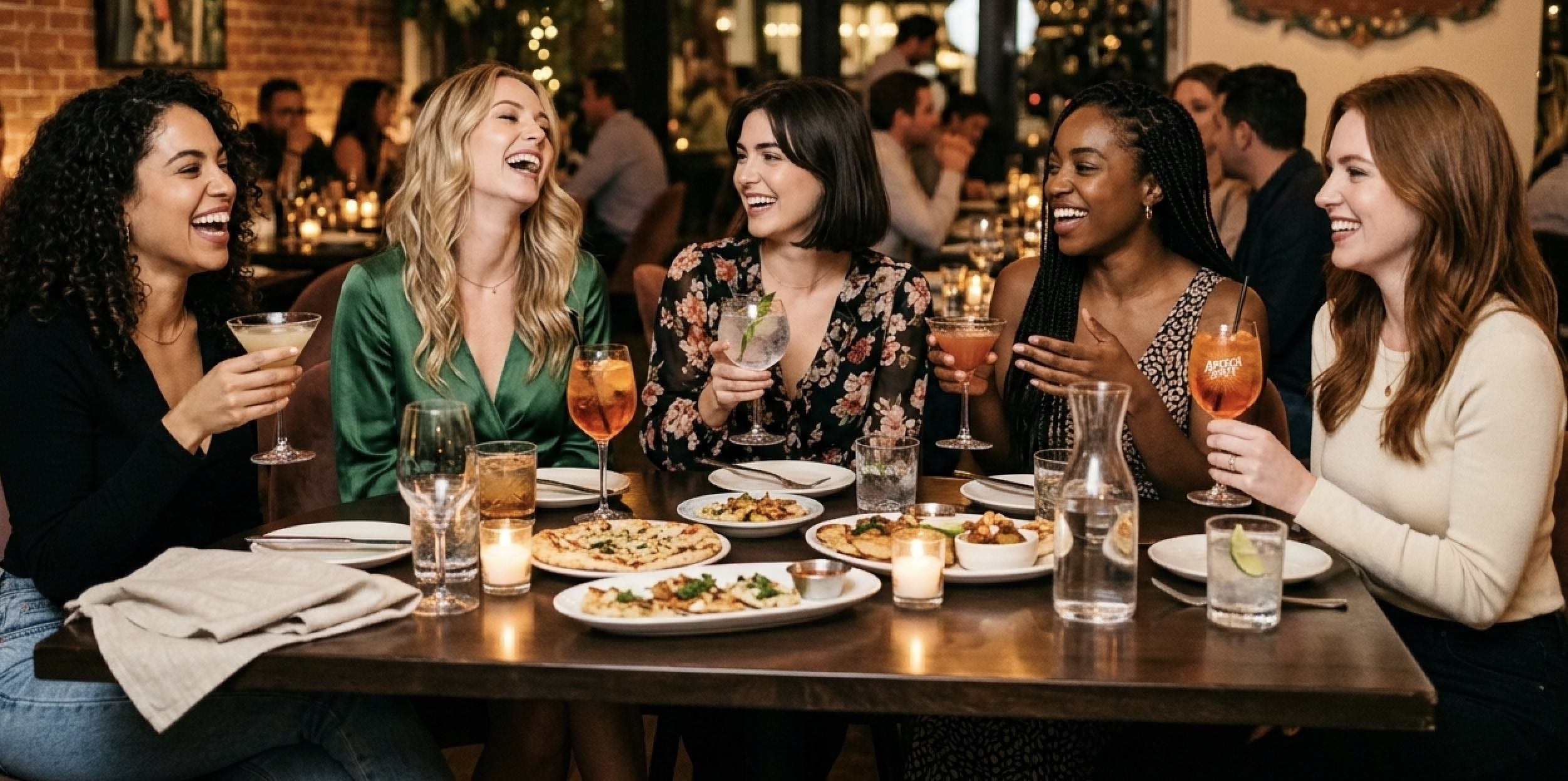 An image of attractive women eating a girl dinner.