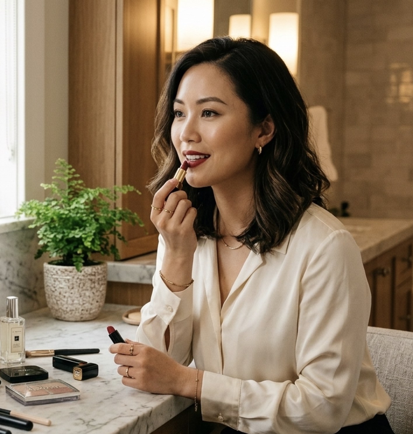 An image of an attractive woman putting on lipstick.