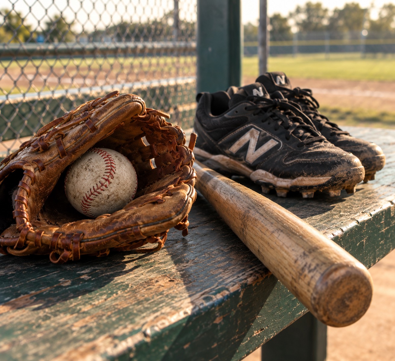 An image of a pair of cleats, baseball glove, and baseball bat.