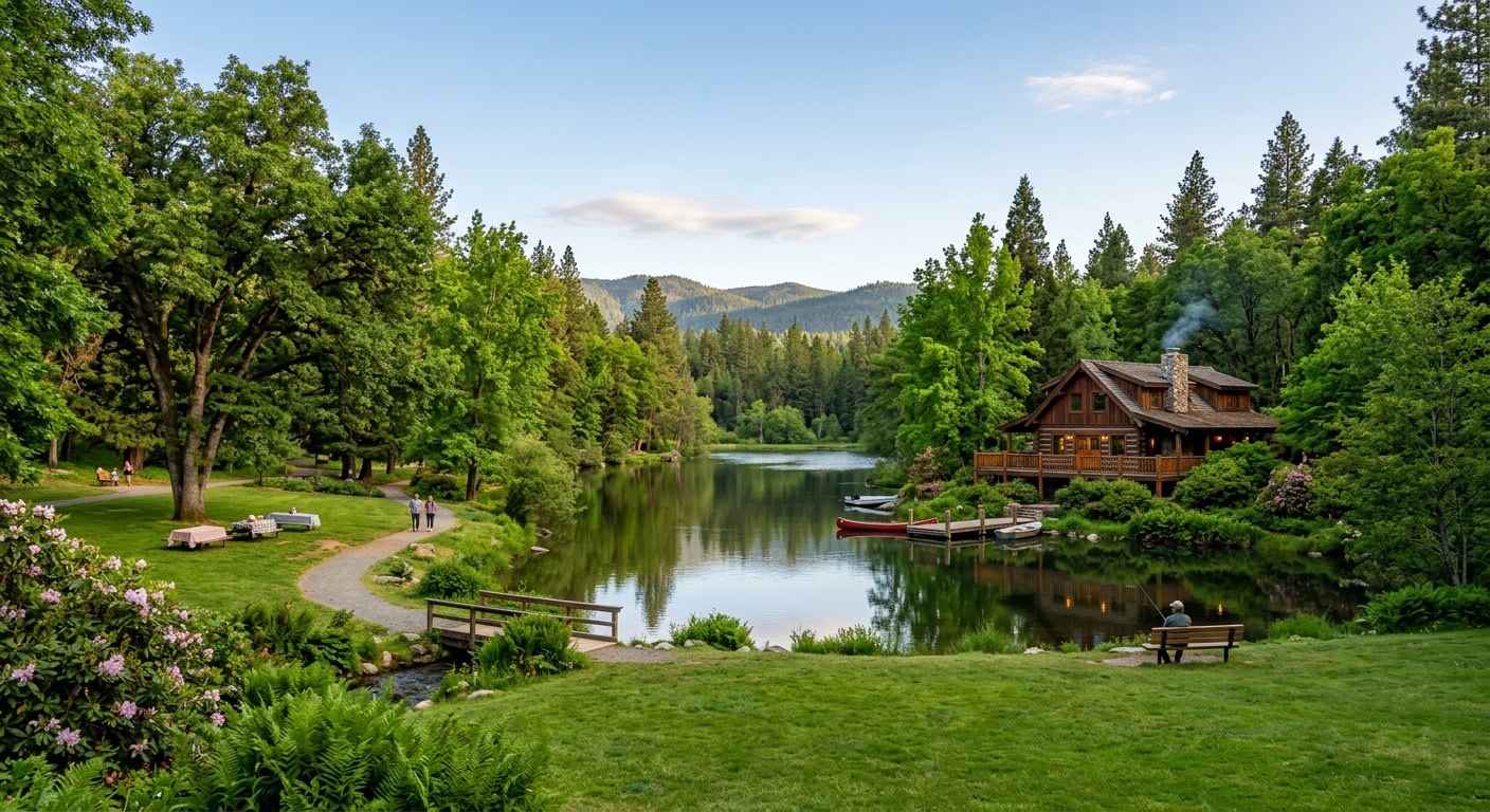 An image of a lakeside cabin.