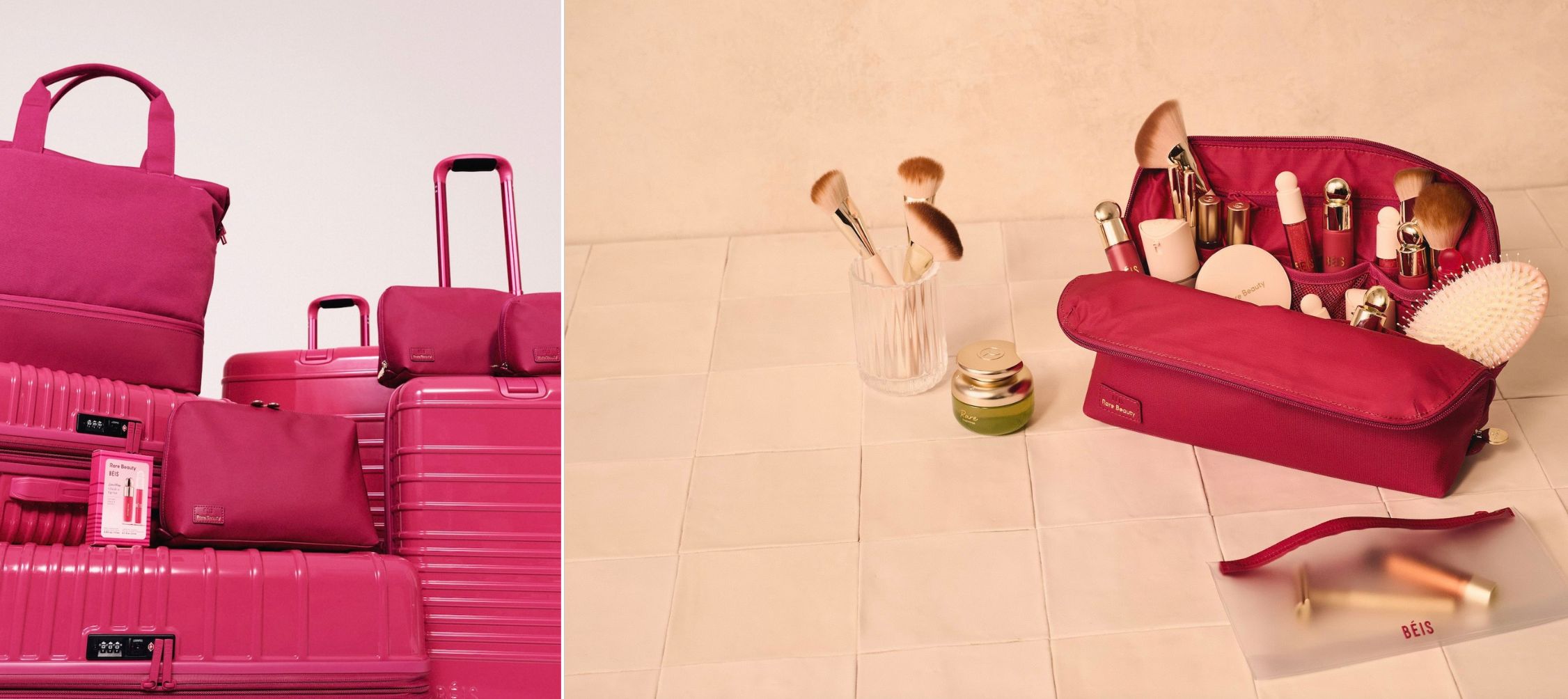 A collage of two images of the The BÉIS x Rare Beauty 2026 Collection debuting a curated assortment of both brands’ bestselling items in a new Limitless raspberry hue.