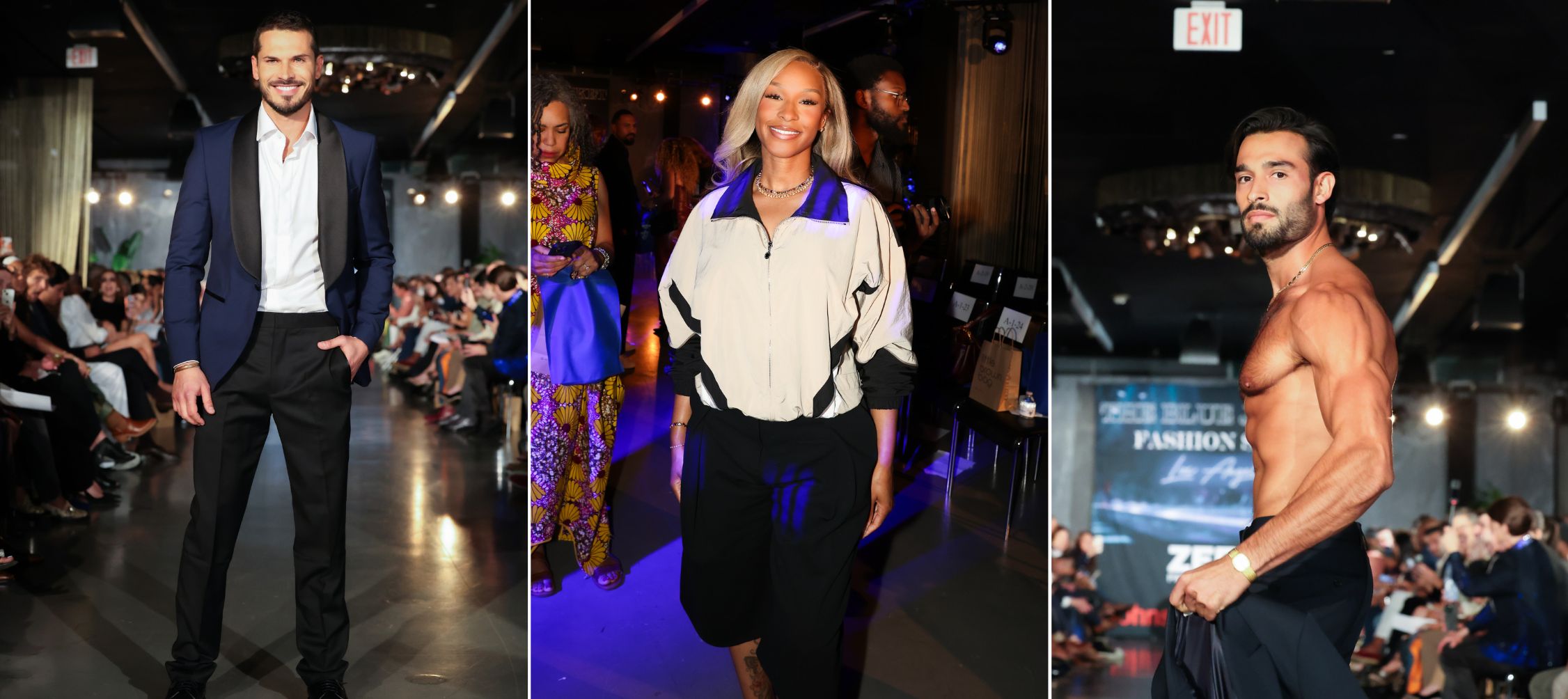A collage of 3 images of: Gleb Savchenko, Savannah James, and Sam Asghari turn heads at the Blue Jacket Fashion Show.