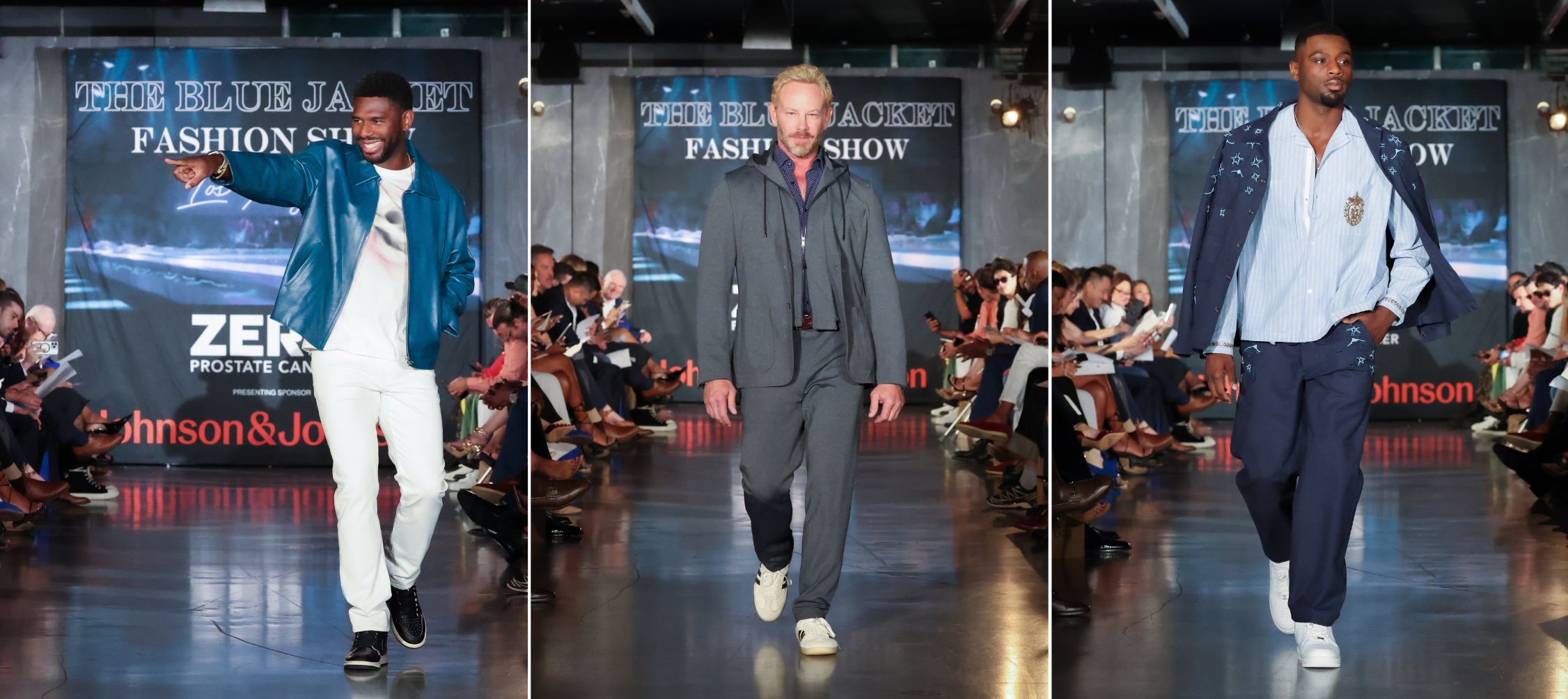A collage of 3 images of: (L-R) Brett Brown, Ian Ziering, and Everett Osborne walk the runway at the diamond anniversary of the Blue Jacket Fashion Show.