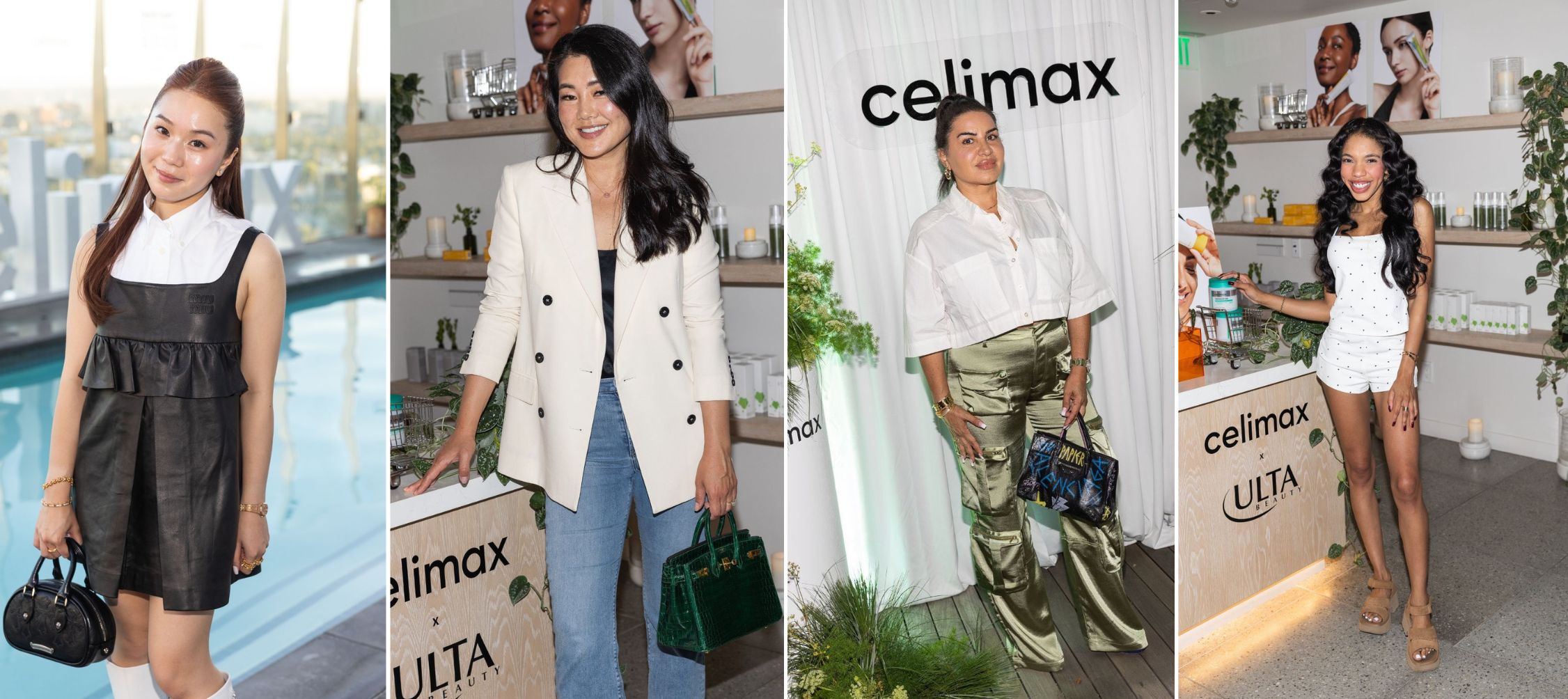 A collage of 4 images of: (L-R) Song of Skin founder Kelley Liu, Crystal Minkoff, Mercedes “MJ” Javid, and Teala Dunn attend Celimax’s poolside launch celebration at 1 Hotel West Hollywood.