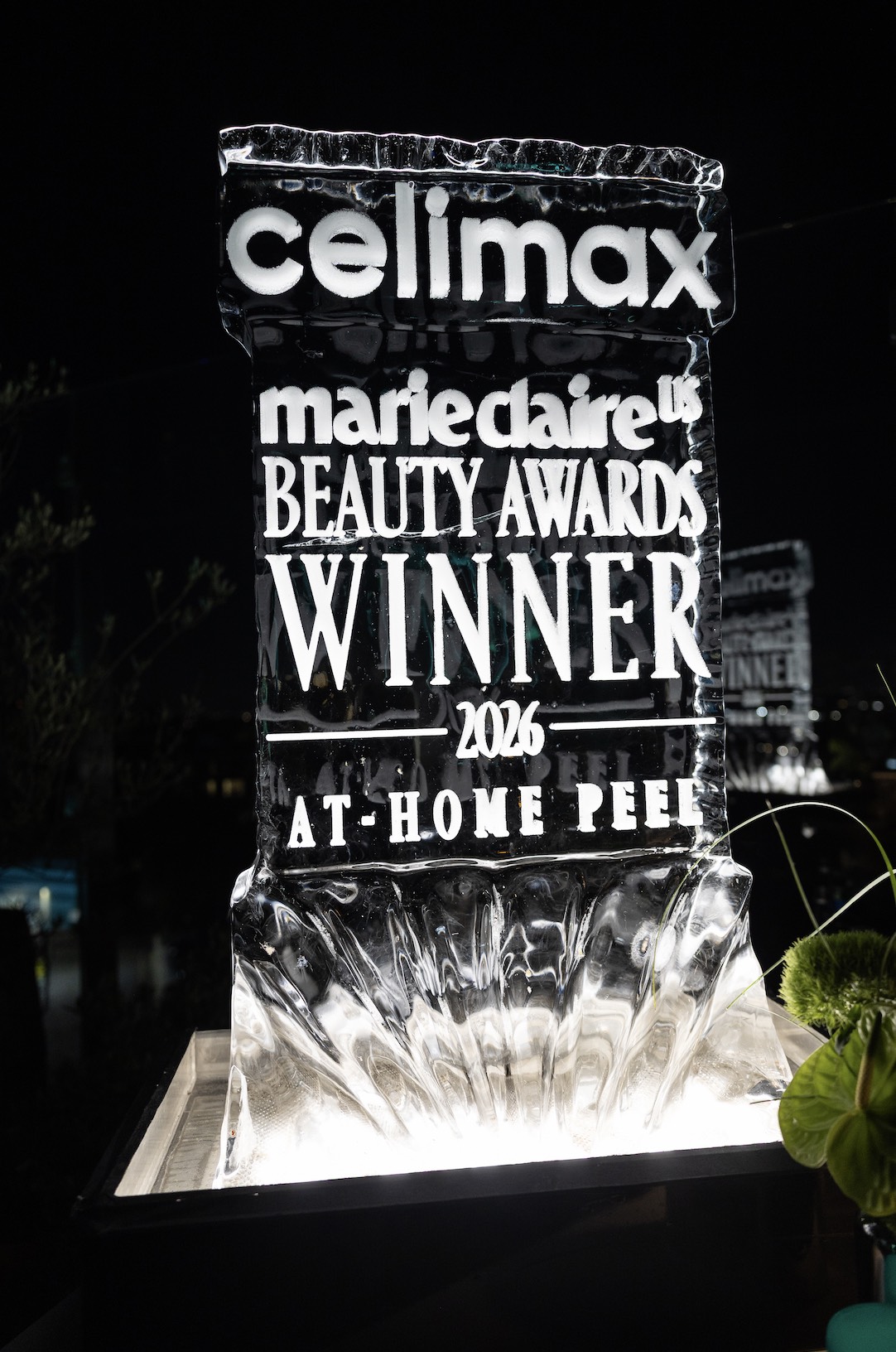 An image of the ice sculpture stating Celimax's Marie Claire Beauty Award recognition.